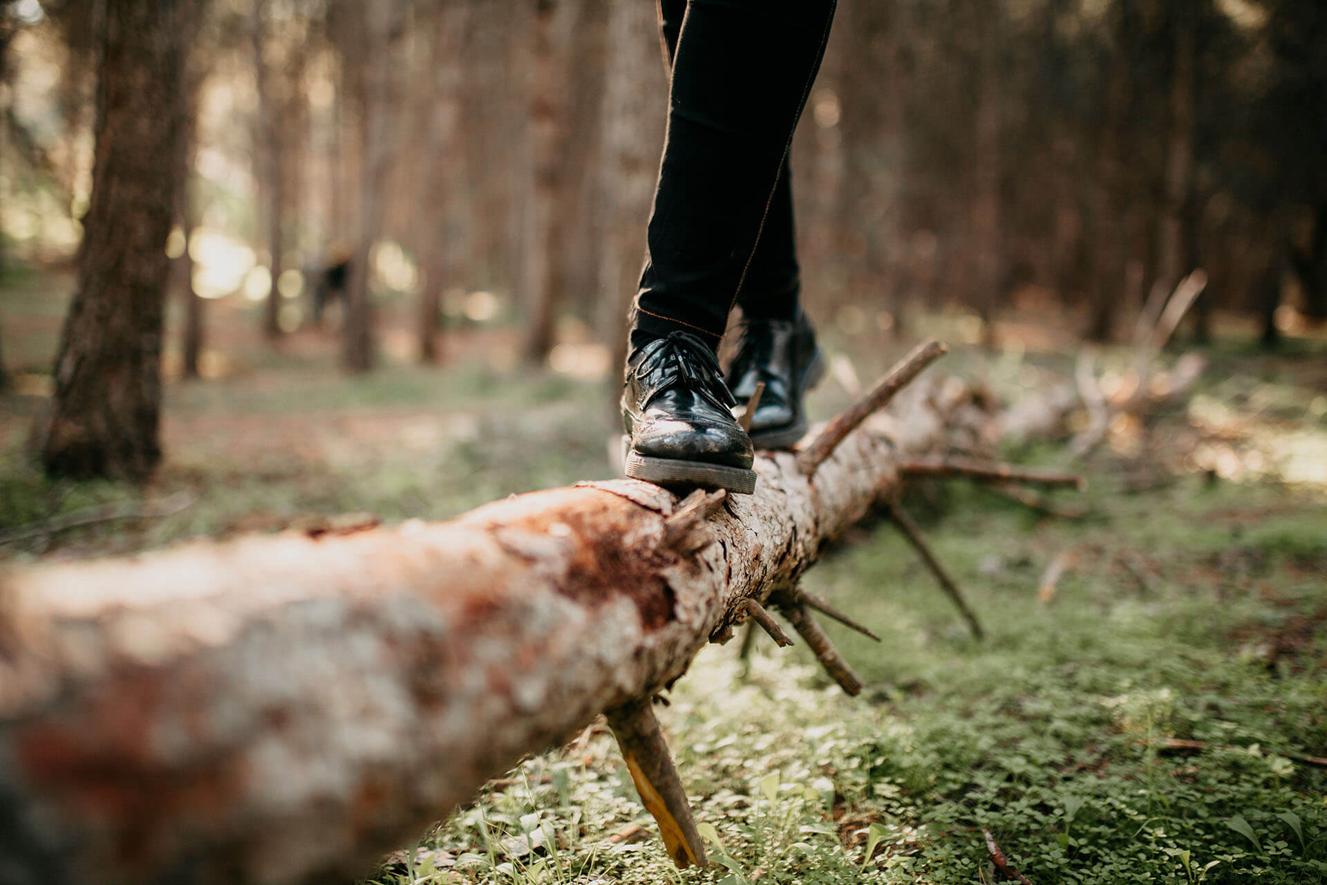 Close up of a person's leg's balancing on a forest log.